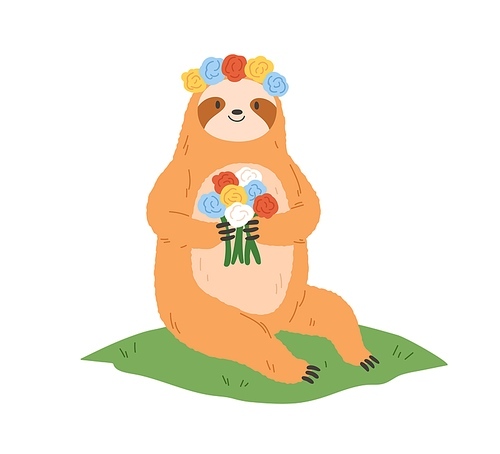 Cute sloth with flower wreath and pretty bouquet in paws. Happy funny animal. Romantic bear character enjoying summer nature, sitting on grass. Flat vector illustration isolated on white .