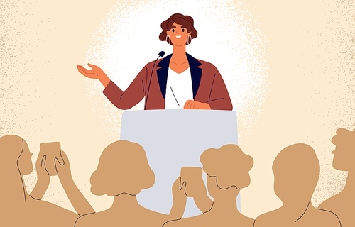 Confident speaker behind podium during stage speech. Smiling woman talking before audience. Female leader at public speaking. Good presentation of businesswoman. Flat vector illustration.