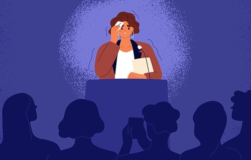 Woman feeling fear and anxiety before stage speech. Nervous shy speaker with fright of audience. Lecturer sweating at public speaking. Glossophobia concept. Flat vector illustration of anxious person.