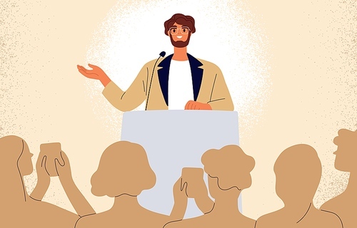 Confident man behind podium during stage speech. Speaker talking before audience. Businessman at successful public speaking. Smiling spokesman before crowd of people. Flat vector illustration.