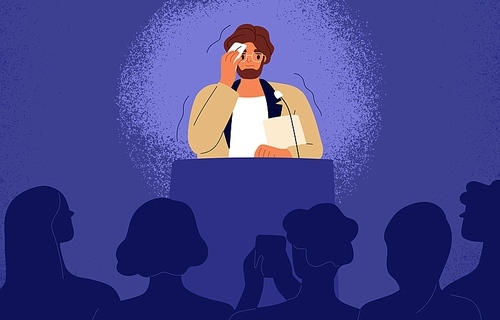 Shy man sweating, feeling fear and anxiety during public speaking. Nervous stressed speaker behind tribune. Fright of audience and stage speech concept. Flat vector illustration of frightened person.