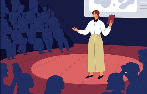 Confident speaker with microphone standing on stage before audience during presentation. Public speaking of young woman at conference. Speech of good successful lecturer. Flat vector illustration.