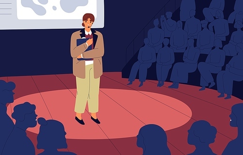 Shy nervous unconfident woman standing on stage before audience. Anxious frightened mute speaker. Fear of public speaking concept. Person feeling fright during her speech. Flat vector illustration.