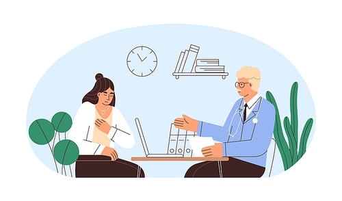 Patient visiting doctors office. Woman with health complaints at appointment in hospital. Physician and sick adult person. Medical checkup. Flat vector illustration isolated on white .