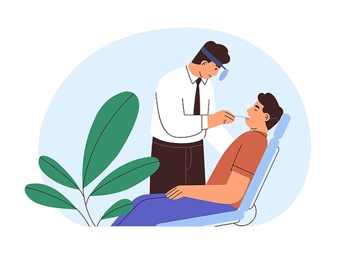 ENT doctor checking throat. Patient at audiologist office. Man visiting otolaryngologist for medical checkup. Person at appointment in hospital. Flat vector illustration isolated on white .