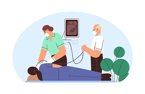 Gastroscopy for digestive system examination. Gastrointestinal probe with gastroscope tube from throat to stomach. Endoscopy with endosope. Flat vector illustration isolated on white .