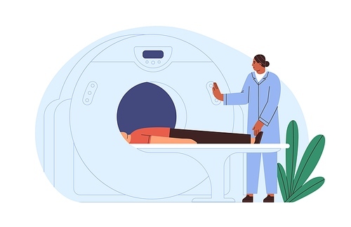 Patient at MRI, scanner machine. Doctor scanning body with magnetic resonance equipment in hospital. Tomography diagnostics and examination. Flat vector illustration isolated on white .