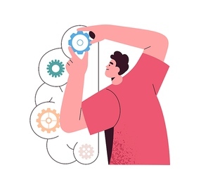 Person fixing gears, changing settings of complex business system. Analysis, logic thinking concept. Analyst with cogwheels, configuration setup. Flat vector illustration isolated on white .