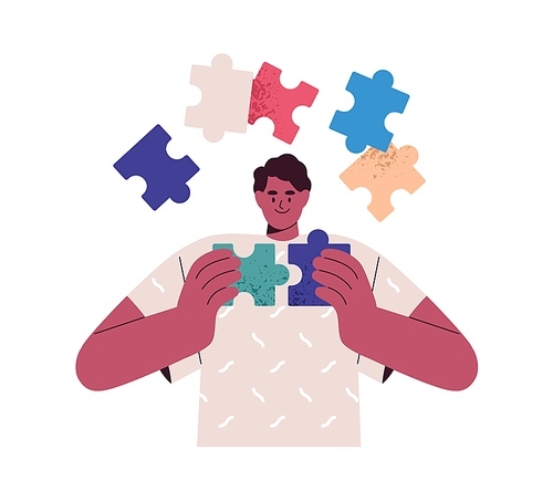 Business person finding idea and opportunity. Man connecting puzzle, jigsaw pieces, solving problem. Creative solution and intuition concept. Flat vector illustration isolated on white .