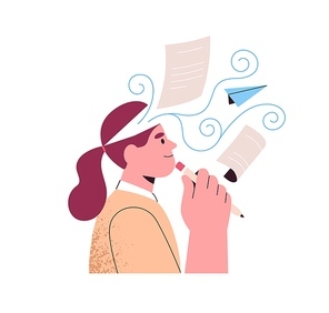 Imagination flow and creativity concept. Creative writer, poet composing from ideas, fantasies in mind. Author thinking with inspiration. Flat vector illustration isolated on white .