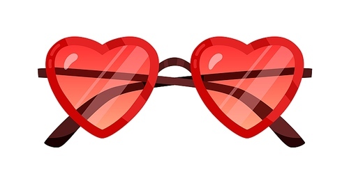 Funny red sunglasses with heart-shaped frame. Funky party glasses. Valentine design eyeglasses. Front view of quirky eyewear. Flat vector illustration isolated on white .