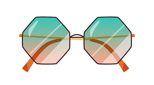 Fashion sunglasses with gradient lenses. Stylish octagon sun glasses with thin rim. Summer eyewear of angled geometric shape. Women accessory. Flat vector illustration isolated on white .