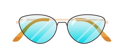 Fashion sunglasses with cat eyes lenses shape and thin metal rim. Stylish pair of sun glasses. Summer women eyewear with rounded frame. Optical accessory. Flat vector illustration isolated on white.