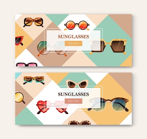 Promotion banner design with modern sunglasses. Horizontal background with trendy sun glasses. Ad template with women fashion eyewear. Advertising card. Colored flat vector illustration of advert.