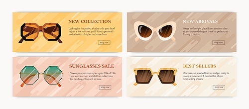 Set of advertising promotion banners with modern sunglasses. Designs of horizontal background with trendy sun glasses. Ad templates with fashion eyewear. Colored flat vector illustration of promo.