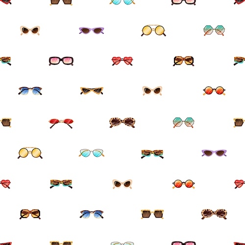 Seamless pattern with modern and retro sunglasses on white background. Repeating backdrop with rows of fashion women sun glasses. Endless texture with stylish trendy eyewear. Flat vector illustration.