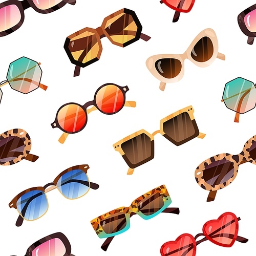 Seamless pattern with fashion sunglasses. Endless repeating background with modern and retro sun glasses. Different summer eyeglasses . Eyewear backdrop. Flat vector illustration for wrapping.