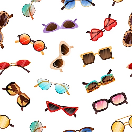 Sunglasses pattern. Seamless background with fashion sun glasses. Summer eyewear . Repeating texture of modern and retro beach accessories. Colorful flat vector illustration for wrapping.