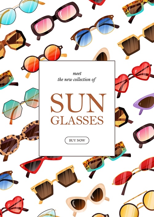 Ad poster design for fashion sunglasses promotion. Advertising flyer template with modern sun glasses background. Vertical banner for summer eyewear advertisement. Colored flat vector illustration.