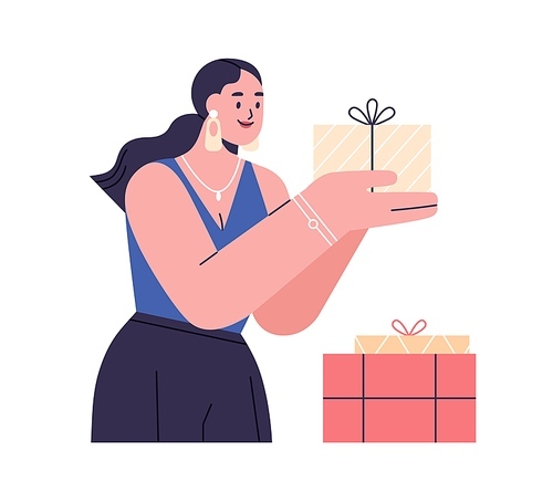 Happy woman with holiday gift box in hands. Person preparing presents and surprises for birthday. Excited female holding pack with bow and ribbon. Flat vector illustration isolated on white .