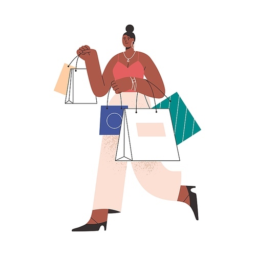 Black woman holding many shopping bags with fashion clothes. Happy customer going, carrying purchases. Shopper walking with packs in hands. Flat vector illustration isolated on white .