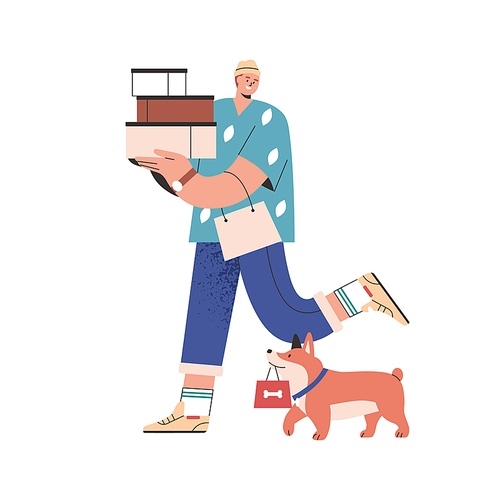 Man carrying boxes stack and bag after shopping. Happy shopper walking with dog. Guy buyer with purchases in hands. Customer holding lot of packs. Flat vector illustration isolated on white .