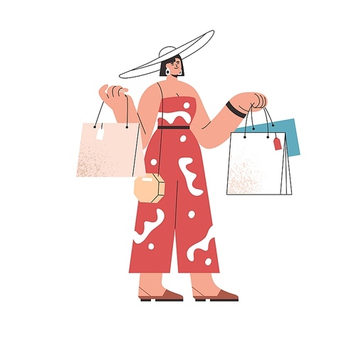 Happy woman holding lot of shopping bags. Fashion shopper with purchases in hands. Buyer after sale. Fashionable customer carrying many packs. Flat vector illustration isolated on white .