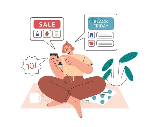 Woman doing shopping online with mobile phone, buying clothes on sale. Buyer using smartphone, making purchases through internet at home. Flat vector illustration isolated on white .