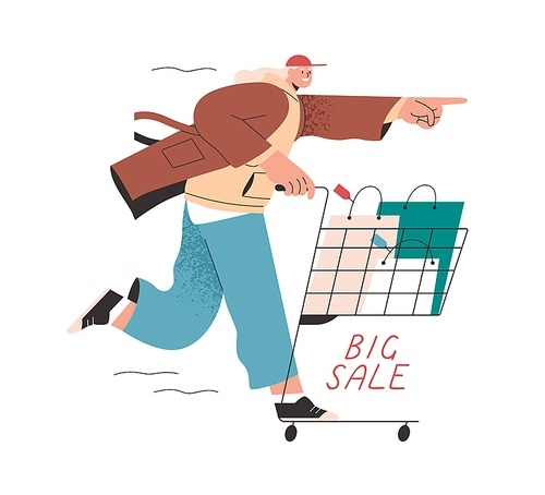 Buyer with shopping cart and bags, rushing for big sale. Happy shopper with purchases in trolley. Customer running, pointing with forefinger. Flat vector illustration isolated on white .