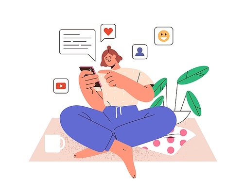 Woman with mobile phone, using social media and chatting online. Person with smartphone, surfing internet and texting, relaxing with cell at home. Flat vector illustration isolated on white .