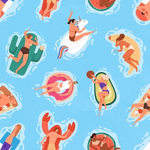 seamless summer  with happy people in pool, floating and swimming on rubber rings. repeating background with man and woman in swimsuits relaxing on water. flat vector illustration for printing.