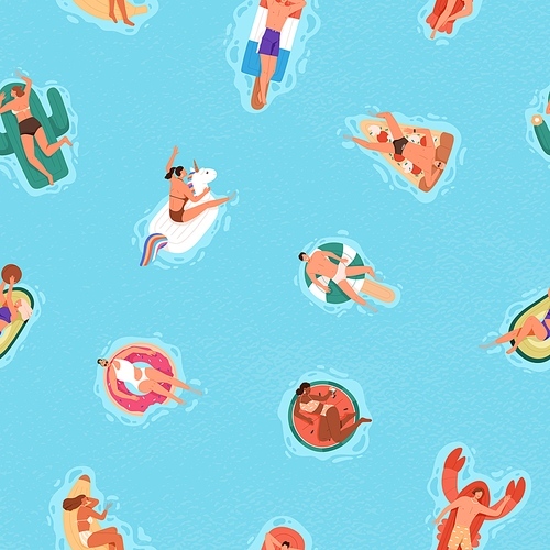 Seamless pattern with happy people in water on rubber rings in summer. Endless repeatable background with man and woman floating and swimming in pool, top view. Flat vector illustration for printing.