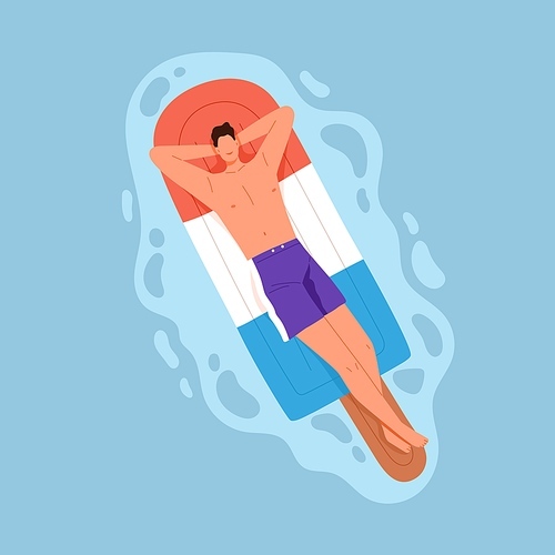 Happy relaxed man floating in pool water, lying on inflatable mattress. Person enjoying sunbathing on rubber icecream on summer holidays. Top view of guys body swim and rest. Flat vector illustration.