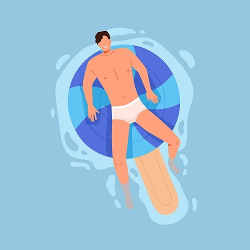 Happy man floating in pool, relaxing on inflatable lollipop mattress. Cool guy in trunks swimming on rubber water ring in summer. Summertime leisure and relaxation in sea. Flat vector illustration.