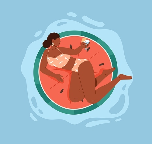 Woman in bikini floating on rubber ring in pool, relaxing with summer cocktail. Happy person swimming on inflatable watermelon in water, resting with drink in hands. Colored flat vector illustration.