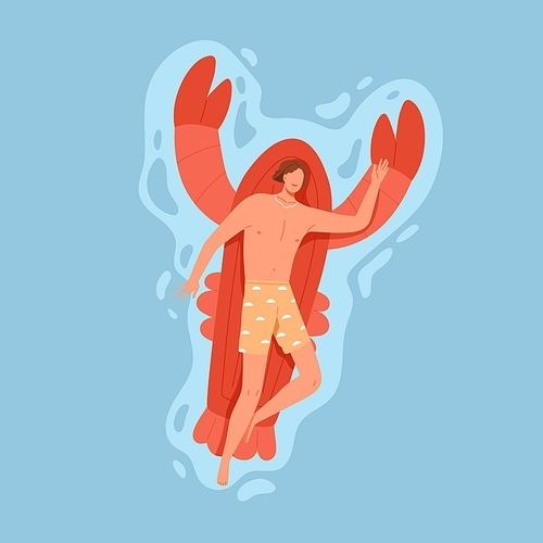 Man relaxing and floating on inflatable beach mattress in pool. Happy person swimming on rubber crab in water on summer holidays. Guy in trunks sunbathing, top view. Colored flat vector illustration.