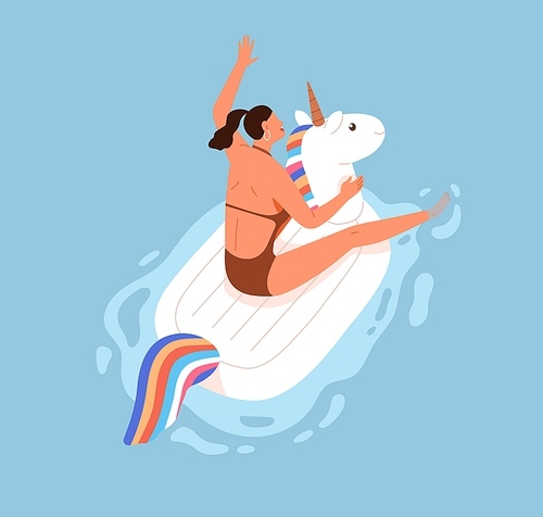 Happy woman having fun and floating on rubber ring in pool on summer holidays. Person swimming on inflatable beach funny unicorn in water with pleasure and joy. Colored flat vector illustration.