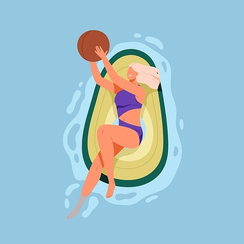 Happy woman in swimwear floating on rubber avocado ring. Top view of person playing with ball, swimming on inflatable beach tube in water, relaxing on summer holidays. Colored flat vector illustration.