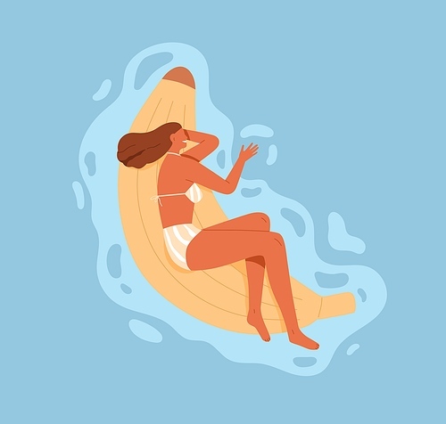 Happy woman floating, lying on inflatable rubber banana mattress in pool. Suntanned person swimming in water on summer holidays. Female at summertime leisure. Colored flat vector illustration.