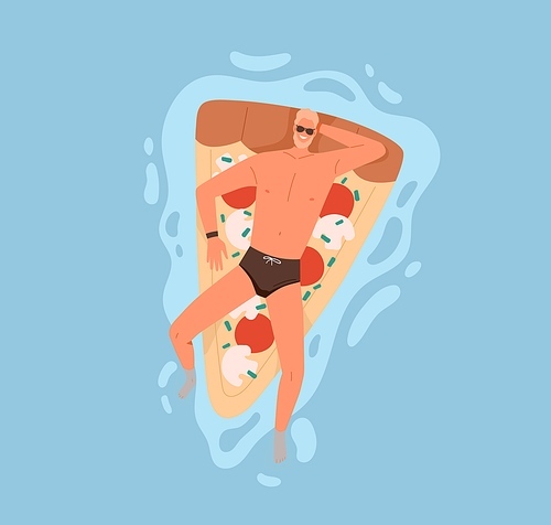 Man in sunglasses relaxing and floating on inflatable beach mattress in pool. Happy smiling person swimming on rubber pizza slice in water on summer holidays. Colored flat vector illustration.