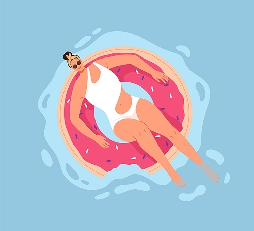 Happy woman swimming in pool water with inflatable donut ring. Person enjoying summer on rubber doughnut. Top view of female in swimsuit and sunglasses resting on beach tube. Flat vector illustration.