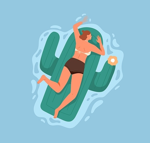 Happy woman floating, relaxing on inflatable mattress in pool water. Person in bikini swimming and sunbathing on rubber cactus on summer holidays. Summertime relaxation. Flat vector illustration.