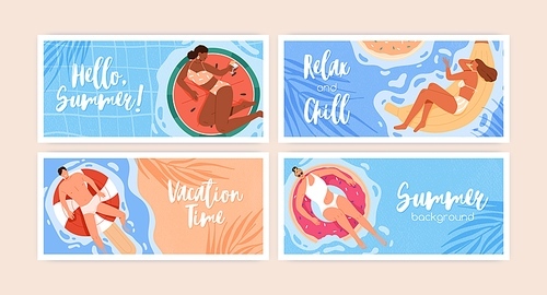 Set of summer holiday backgrounds with happy people relaxing and sunbathing in water with pool rings and beach mattresses. Banners with summertime sea resorts. Colored flat vector illustrations.
