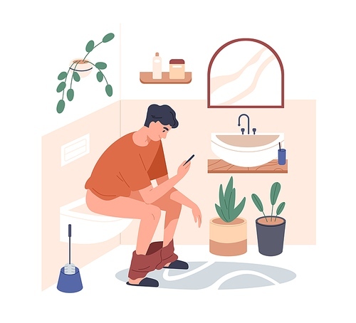 Person sitting in home toilet, using mobile phone. Man with smartphone on lavatory seat with pants down. Young guy with cellphone in restroom. Flat vector illustration isolated on white .