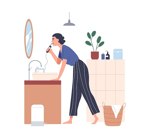 Person cleaning teeth in bathroom. Woman with electric oral irrigator, brush in front of mirror in bath room. Dental hygiene and care routine. Flat vector illustration isolated on white .