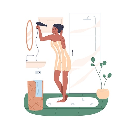 Woman drying wet hair with blowing hairdryer in front of mirror in bathroom. Happy female in towel, using dryer after shower. Daily routine. Flat vector illustration isolated on white .