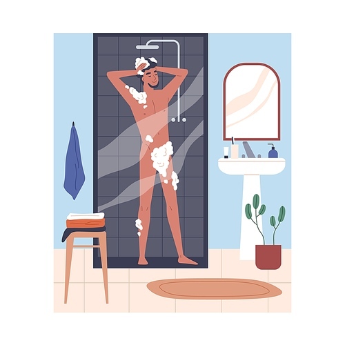 Person taking shower in home bathroom. Happy young man washing naked body in soap foam and cleaning hair. Everyday hygiene routine, bathing with gel, shampoo under water. Flat vector illustration.