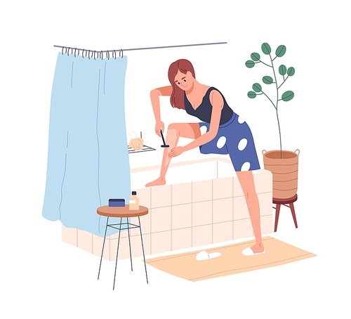 Woman shaving legs with razor in bathroom. Female removing unwanted hairs from body. Home depilation. Beauty and hygiene routine in bath room. Flat vector illustration isolated on white .