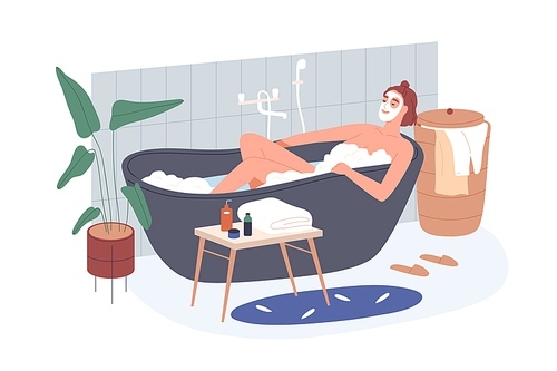 Woman taking bath in home bathroom. Female with facial mask relaxing in bathtub water with soap foam, bubbles. Beauty and body care routine. Flat vector illustration isolated on white .