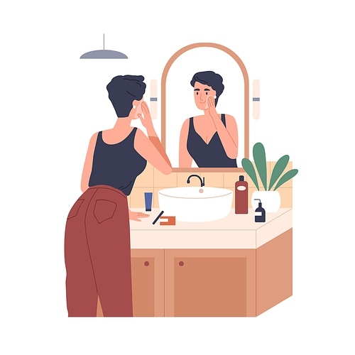 Woman applying moisturizing cream in front of mirror in bathroom. Skincare, beauty routine. Female caring about face skin with cosmetic product. Flat vector illustration isolated on white .